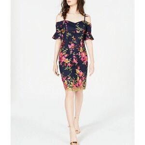 Trina Turk Navy Pink Floral Sweetheart Neck Cold shoulder‎ Dress 8